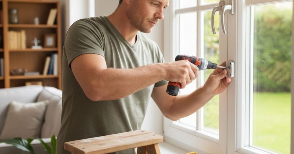 Homme sécurisant ça fenêtre