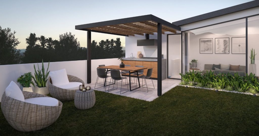 Pergola bioclimatique sol carrelage