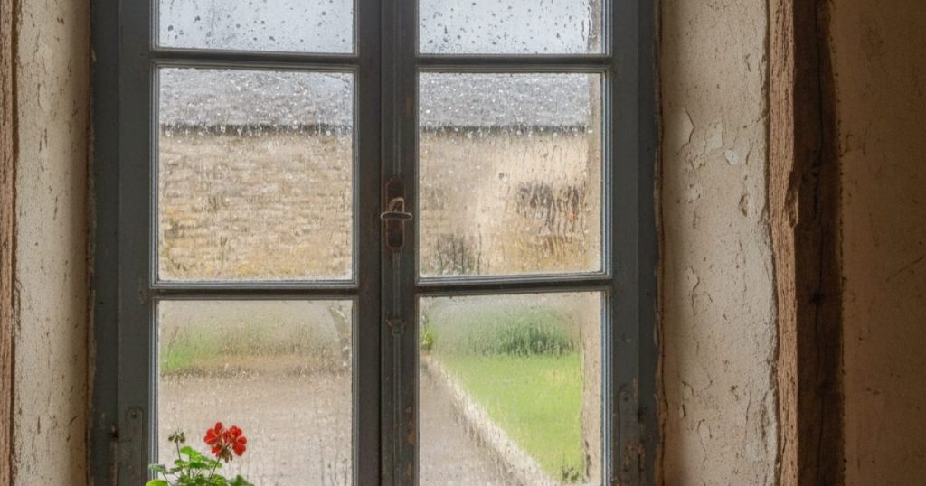 Fenêtre en bois gris avec buée