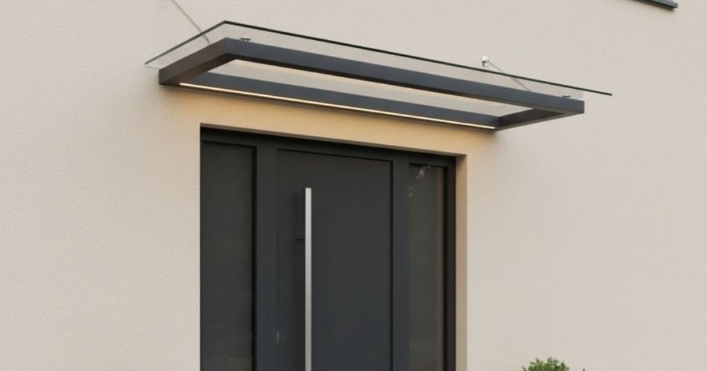 Marquise en verre avec porte d'entrée en aluminium