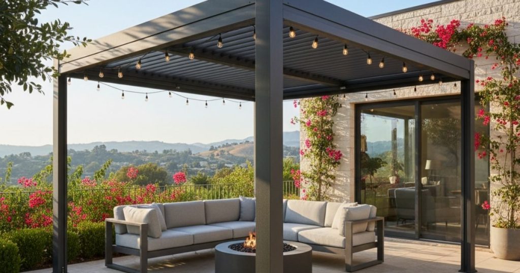 Pergola bioclimatique avec guirlande de lumière
