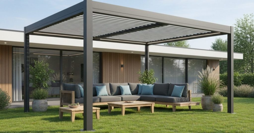 Pergola bioclimatique dans l'herbe