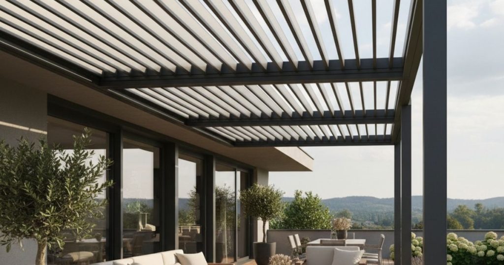 Pergola posée sur la façade de la maison