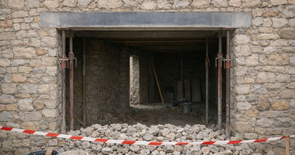 Ouverture agrandie et linteau repris sur une maison au sud de Vaiges par Kalio Menuiserie