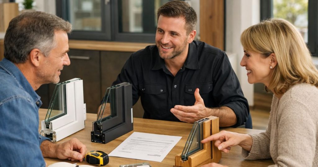 Artisan présentant un devis de pose de fenêtres à des clients à Cesson-Sévigné par Kalio Menuiserie