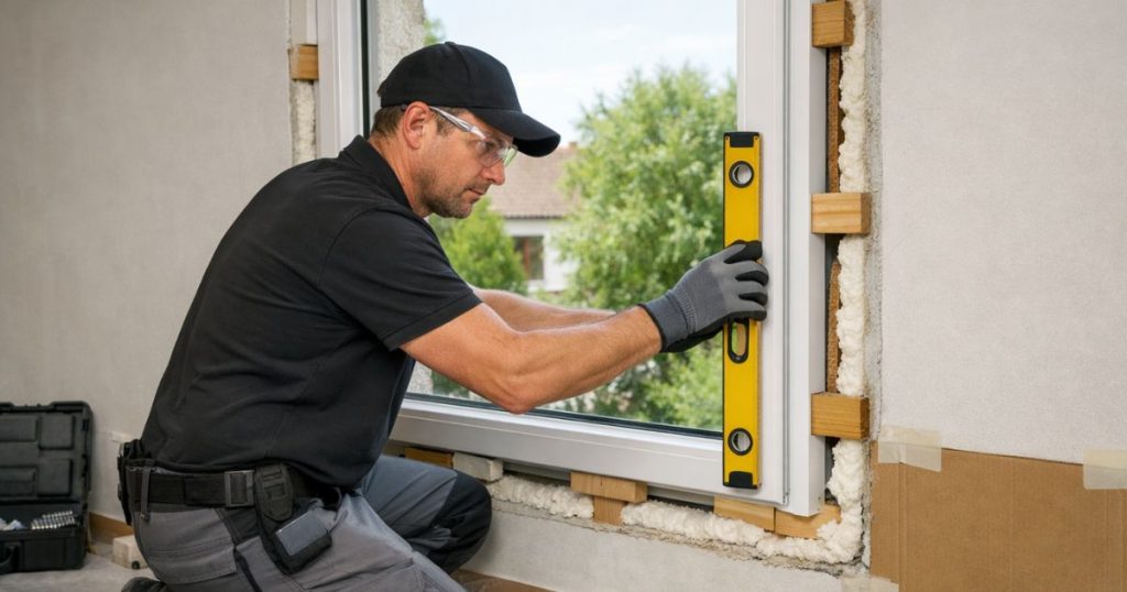 Artisan posant une fenêtre PVC en rénovation au Mans par Kalio Menuiserie