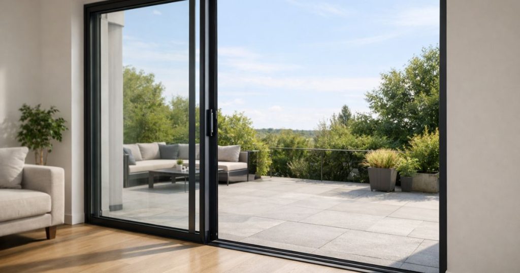 Baie coulissante aluminium neuve posée en remplacement dans un pavillon à Évron