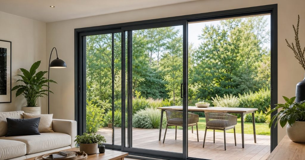 Baie vitrée coulissante aluminium trois vantaux posée dans un séjour à Rennes par Kalio Menuiserie