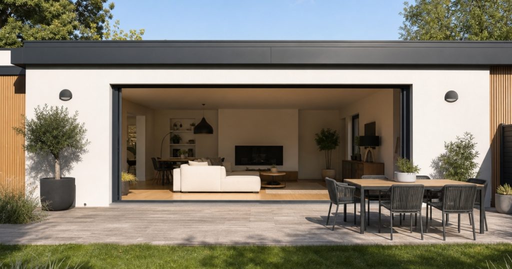Baie vitrée coulissante grand format ouverte sur une terrasse près de Rennes par Kalio Menuiserie