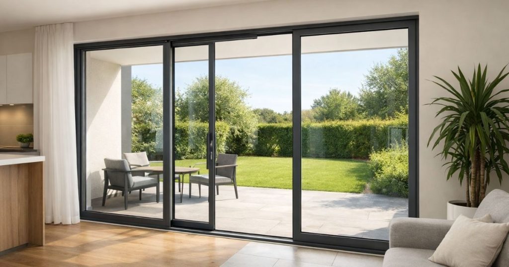 Baie vitrée coulissante aluminium 3 vantaux posée dans une maison à Vitré par Kalio Menuiserie
