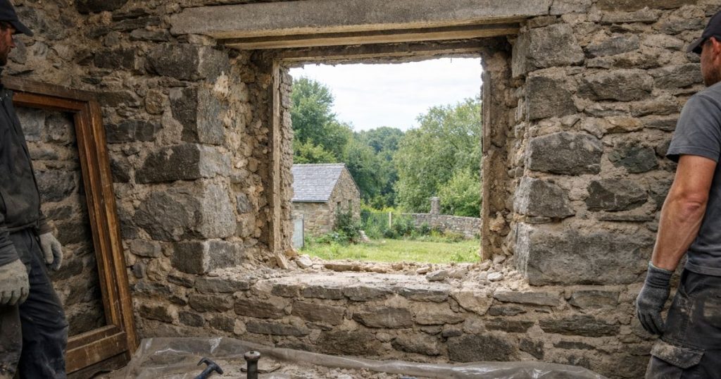 Dépose totale d’une ancienne fenêtre bois sur mur en schiste lors d’une rénovation à Segré par Kalio Menuiserie