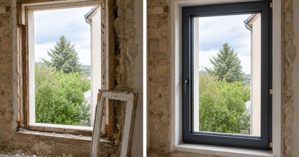 Dépose totale d’une ancienne fenêtre sur un mur ancien lors d’une pose à Vitré par Kalio Menuiserie