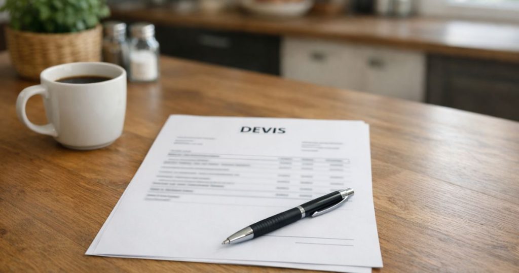 Devis de fenêtres posé sur une table lors d'un rendez-vous à domicile