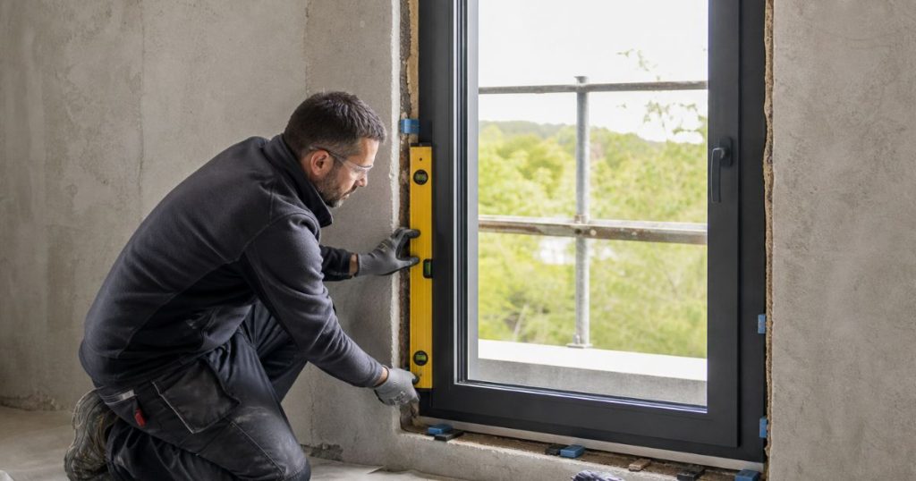 Étapes de pose d’une fenêtre neuve réglée d’aplomb lors d’un chantier à Vitré par Kalio Menuiserie