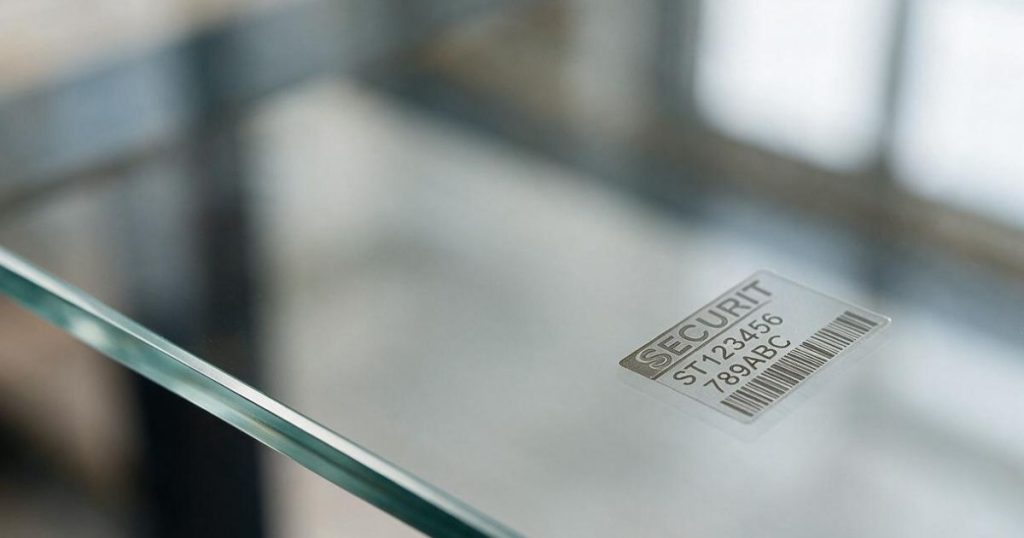 Étiquette de traçabilité gravée dans l’angle d’un vitrage de sécurité posé par Kalio Menuiserie