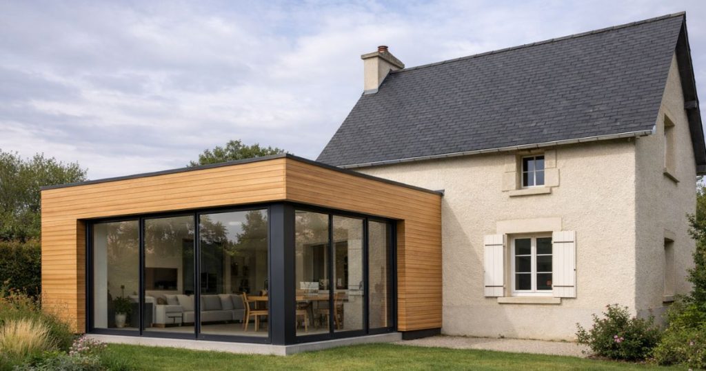 Extension contemporaine en aluminium greffée sur un pavillon des années 80 en Mayenne, chantier Kalio Menuiserie