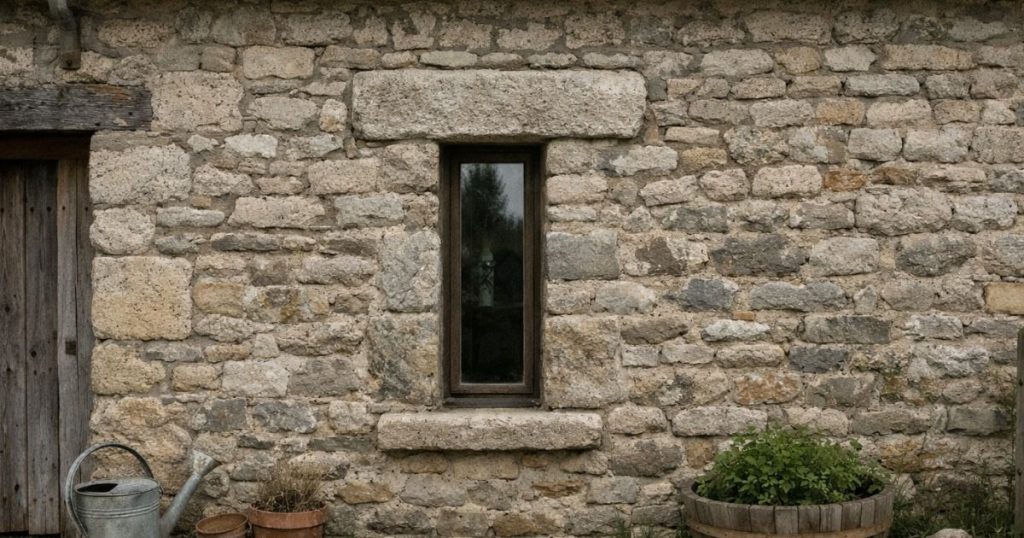 Fenêtre étroite à encadrement de pierre sur une longère du bocage mayennais par Kalio Menuiserie