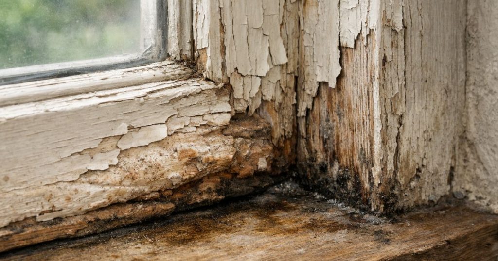 Fenêtre en bois endommagée par un dégât des eaux avant remplacement pour un dossier assurance par Kalio Menuiserie