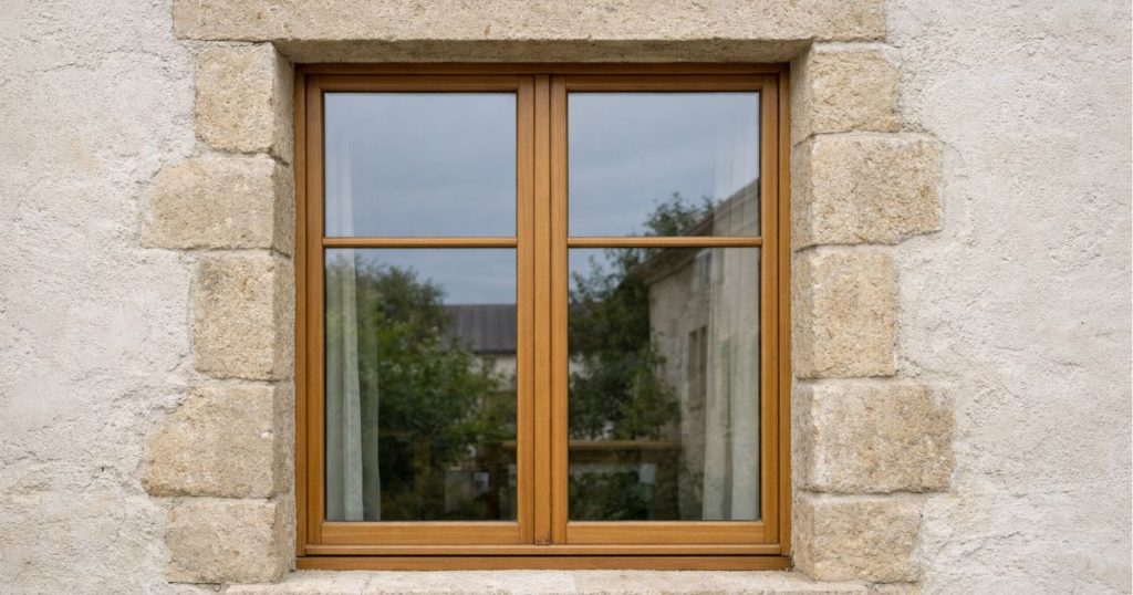 Fenêtre bois posée sur une façade de grès et schiste en Mayenne par Kalio Menuiserie