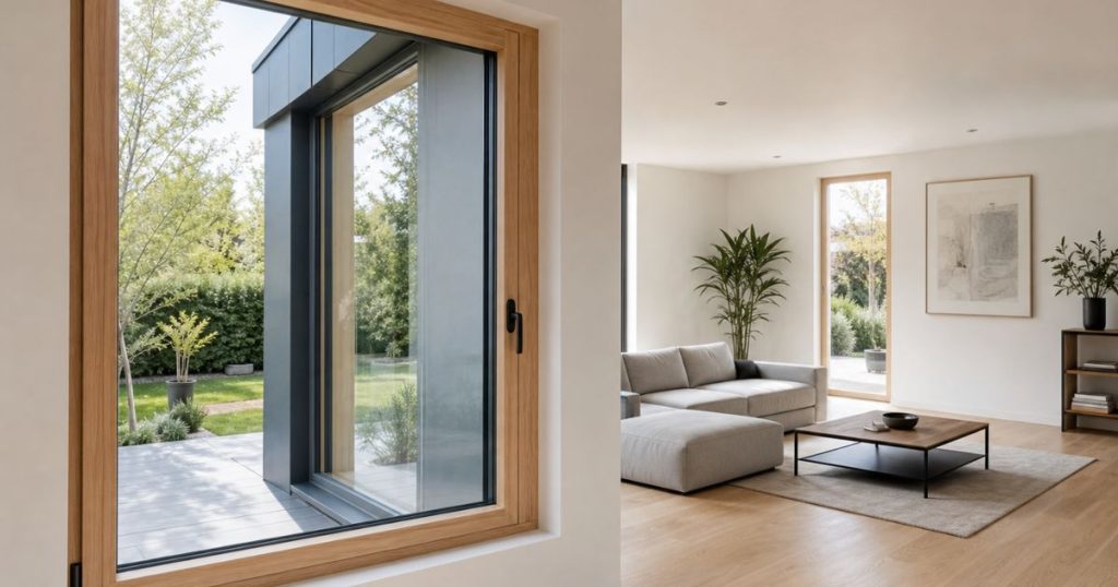 Fenêtre mixte bois-alu essence chêne côté intérieur et aluminium anthracite côté extérieur par Kalio Menuiserie
