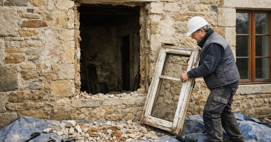 Dépose totale d'une fenêtre en rénovation sur une maison des Coëvrons par Kalio Menuiserie
