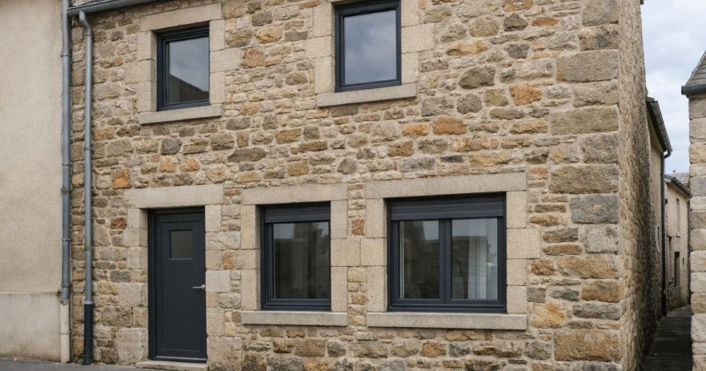 Fenêtre PVC teinte sobre sur une maison de bourg proche de l'abbatiale d'Évron par Kalio Menuiserie