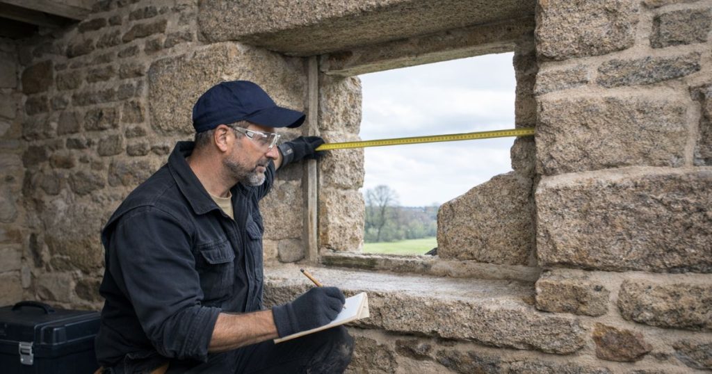 Prise de cotes d’une fenêtre bois sur mesure dans une maison granite du pays de Fougères par Kalio Menuiserie