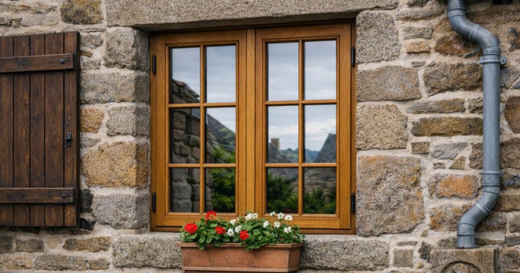 Fenêtre bois chêne massif posée sur une maison en granite à Fougères par Kalio Menuiserie
