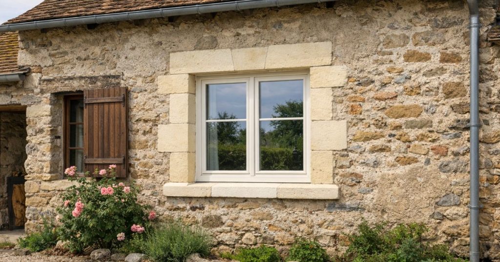 Menuisier posant une fenêtre dans une longère en tuffeau près de Craon par Kalio Menuiserie