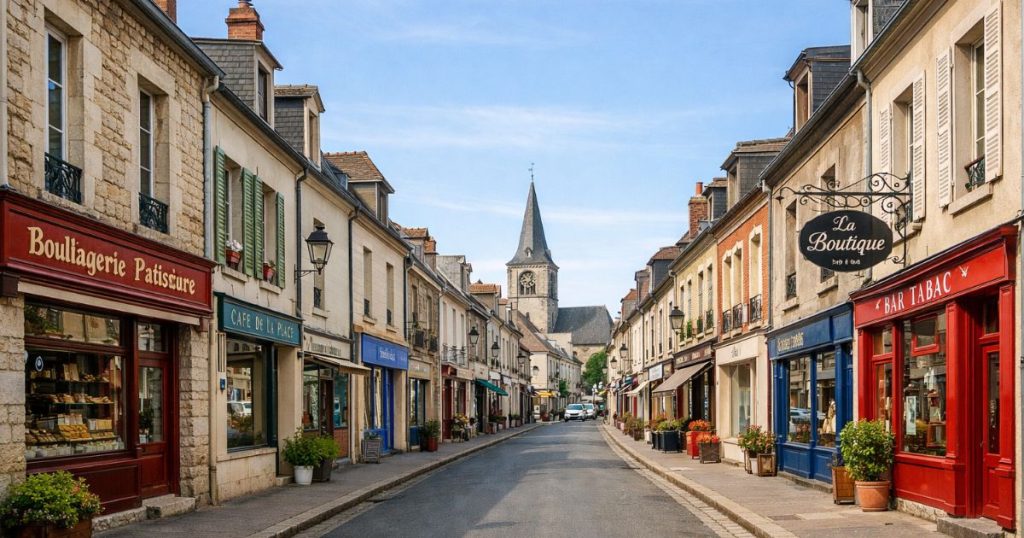 Façades alignées sur rue dans le centre-bourg de Meslay-du-Maine par Kalio Menuiserie