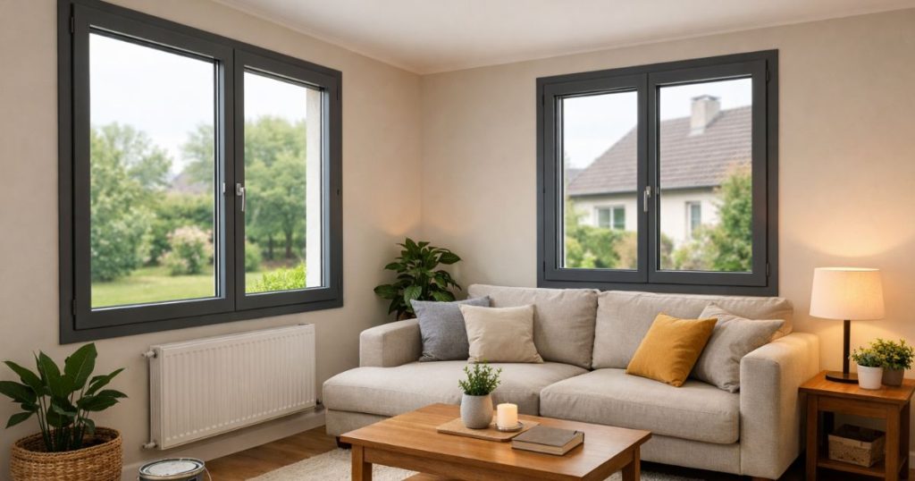 Séjour de pavillon rénové à Laval après changement des fenêtres par Kalio Menuiserie