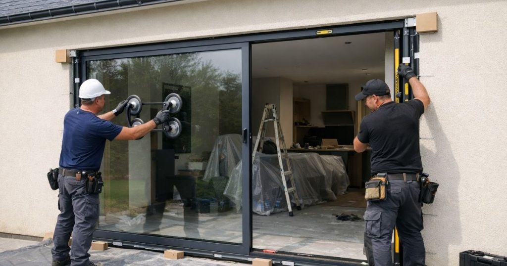 Pose d’une baie coulissante aluminium sur un pavillon du pays de Vitré par Kalio Menuiserie