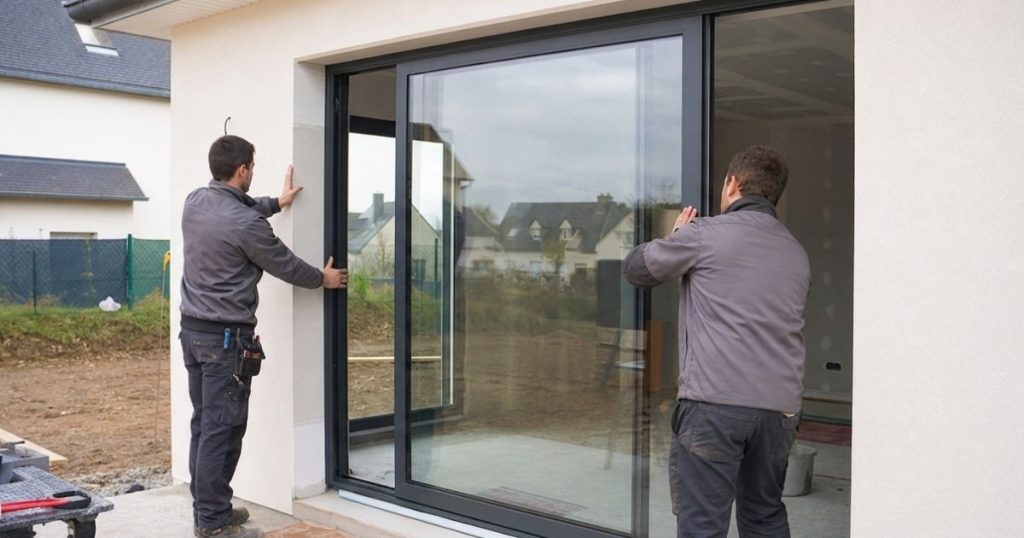 Pose d’une baie vitrée sur mesure sur un pavillon du pays de Vitré par Kalio Menuiserie