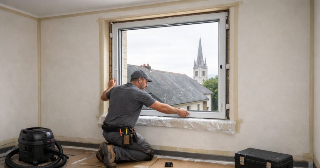 Pose de fenêtre à Angers par un poseur Kalio Menuiserie, chantier de rénovation