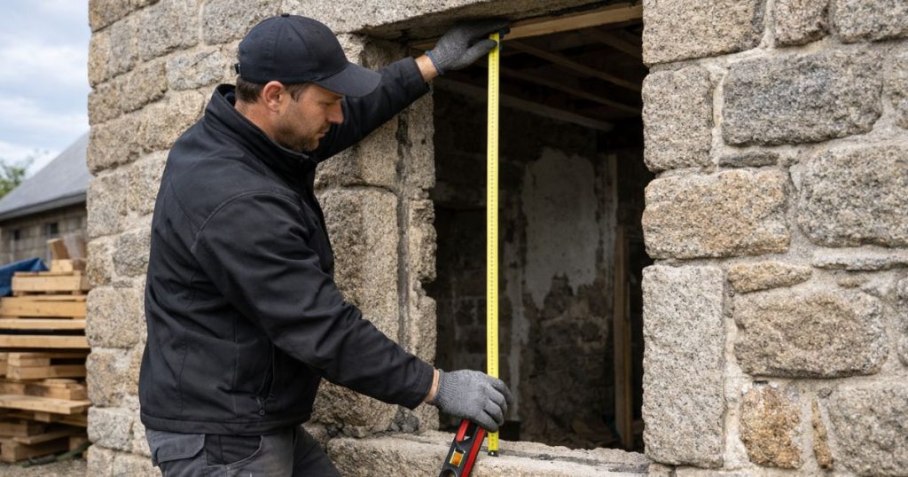 Métré d’une fenêtre avant pose sur une maison en granite à Fougères par Kalio Menuiserie