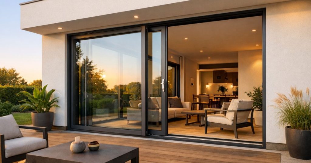 Grande baie coulissante aluminium posée sur une villa contemporaine à Château-Gontier par Kalio Menuiserie