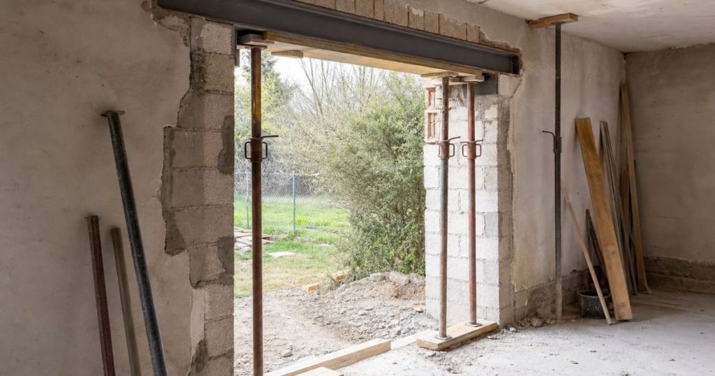 Chantier de grande baie avec renfort de linteau à Château-Gontier par Kalio Menuiserie