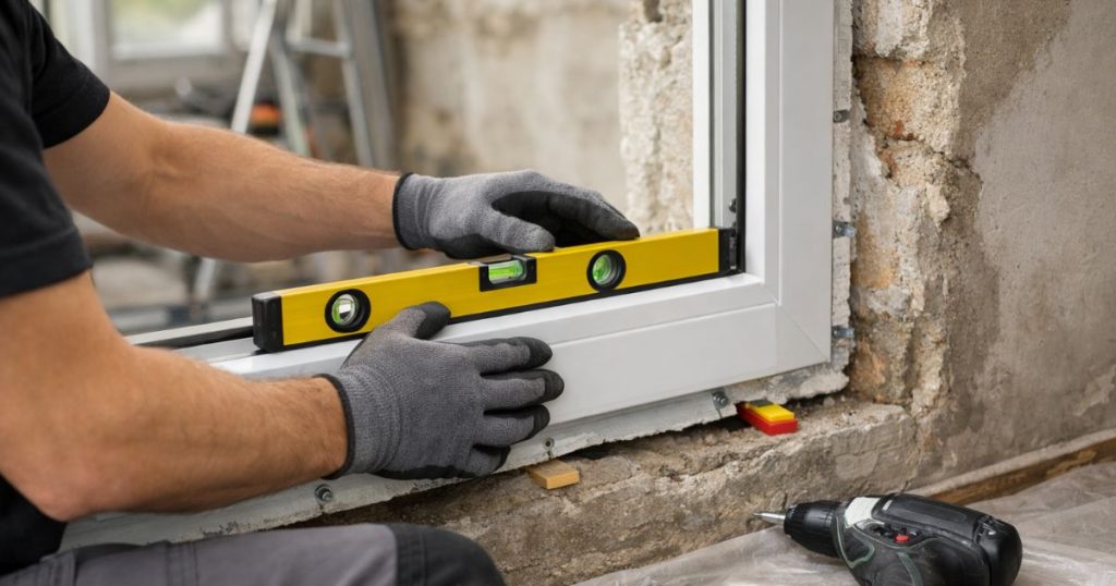 Poseur installant une fenêtre neuve en rénovation au Mans par Kalio Menuiserie