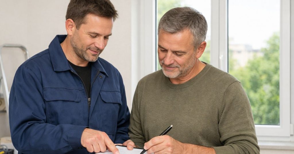 Signature du procès-verbal de réception après pose de fenêtres au Mans par Kalio Menuiserie