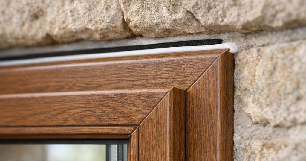 Raccord étanche entre fenêtre PVC plaxé bois et linteau pierre d’une maison ancienne à Segré par Kalio Menuiserie