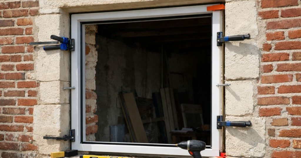 Pose d’une fenêtre sur une façade en brique à Parné-sur-Roc par Kalio Menuiserie