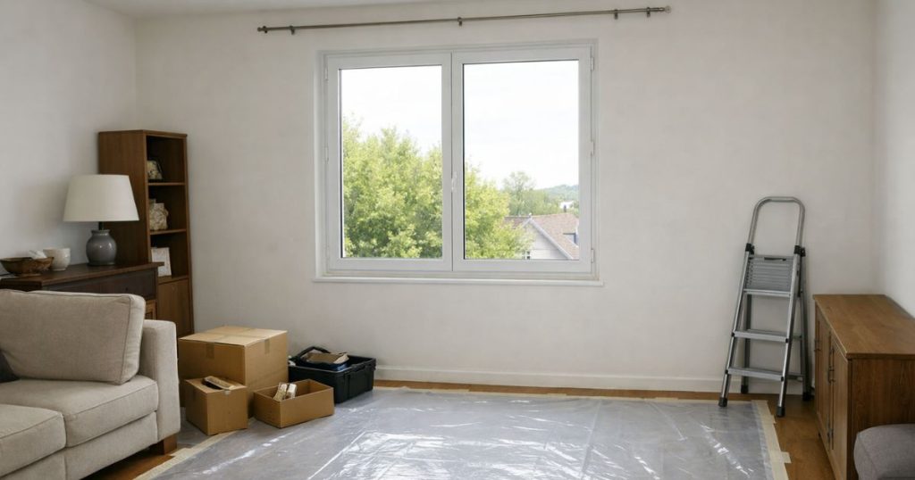 Pièce préparée avant la pose de fenêtres, mobilier dégagé et sol protégé, chantier Kalio Menuiserie