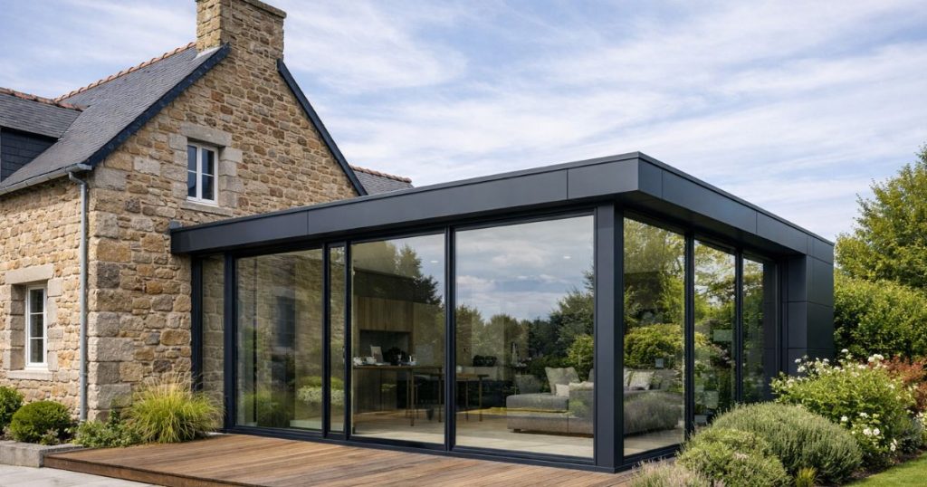 Extension contemporaine en aluminium et verre sur une maison en granite à Fougères par Kalio Menuiserie