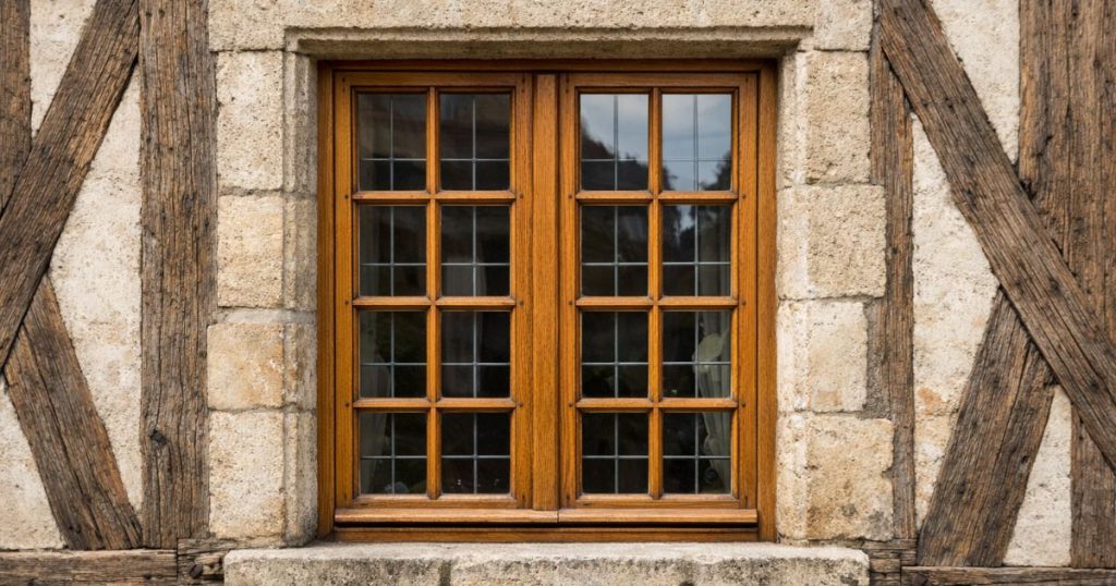 Fenêtre bois à petits bois conforme ABF sur une maison à pans de bois à Vitré par Kalio Menuiserie