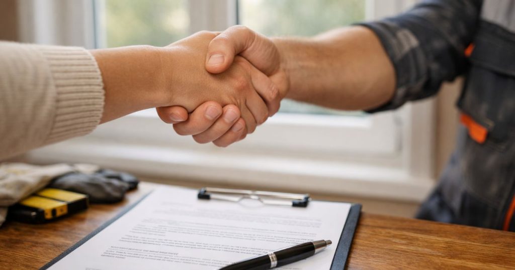 Signature du procès-verbal de réception devant une fenêtre neuve fraîchement posée