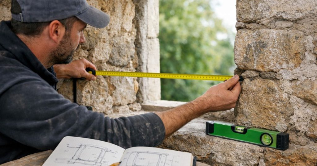 Relevé de cotes sur une ouverture de maison ancienne à Montsûrs par Kalio Menuiserie