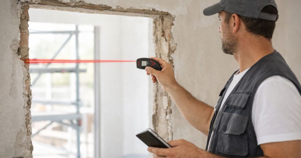 Relevé de cotes et pose d’une fenêtre sur mesure lors d’un chantier de changement de fenêtres en Sarthe par Kalio Menuiserie
