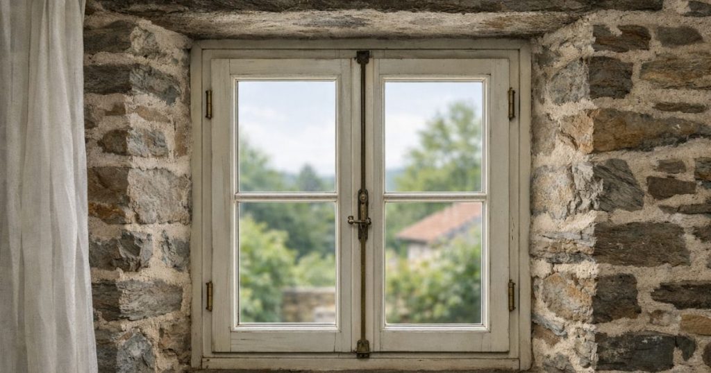 Fenêtre bois deux vantaux posée en rénovation dans une maison ancienne en schiste à Segré par Kalio Menuiserie
