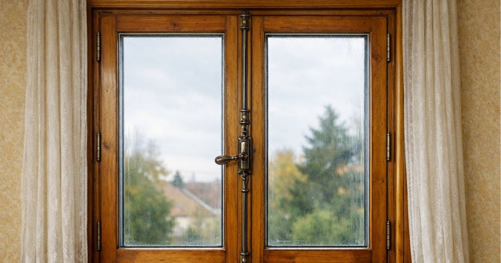 Fenêtre bois d’origine d’un pavillon des années 70 à Laval avant rénovation par Kalio Menuiserie