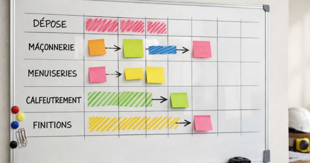 Planning annoté retraçant les étapes d'un chantier de changement de fenêtres